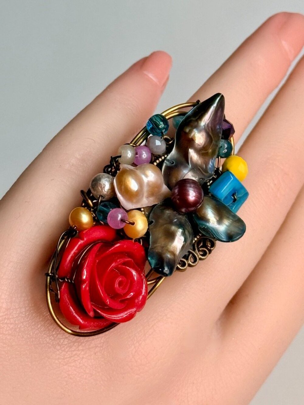 Pearl & Red Rose Statement Ring – Wearable Art